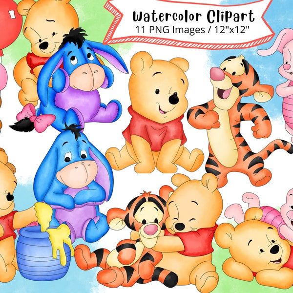 Bebé Winnie the Pooh acuarela Clipart Set, dibujos animados lindo, Tigger, Piglet, Eeyore, PNG, 300DPI, conjunto completo, descarga digital, dibujado a mano,