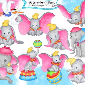 Conjunto de imágenes prediseñadas de acuarela de Dumbo, dibujo animado lindo, PNG, dibujado a mano, decoración de guardería, elefante bebé, descarga instantánea, cumpleaños, imprimible