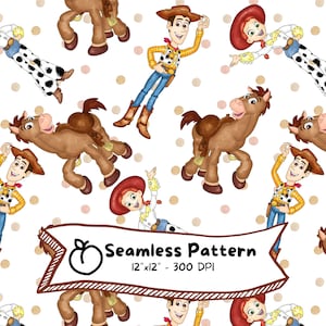 Toy Story Seamless Pattern, Watercolor Image, Digital Download, Cute Cartoon, Hand Drawn, Digital Paper, Commercial, Woody, Jessie, Bullseye