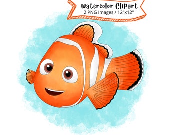 Nemo from Finding Nemo Watercolor Clipart, Cute Cartoon, Dory, Under the Sea PNG, Ocean Animals, Transparent Background, Hand Drawn