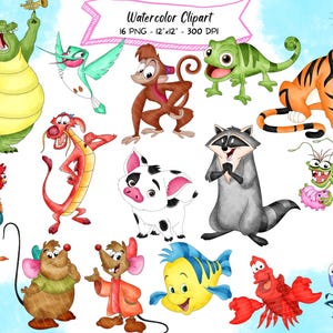 Puede incluir: Ilustración en acuarela de varios animales de dibujos animados, como un tigre, un caimán, un mono y un mapache. La imagen incluye el texto "Watercolor Clipart" y detalles sobre el tamaño y la resolución de la imagen.