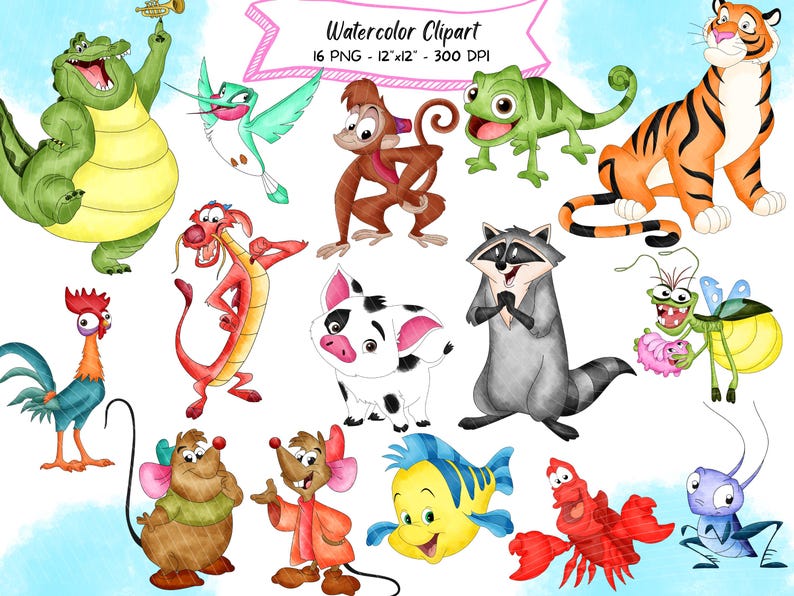 May include: Watercolor clipart featuring a collection of cartoon animals, including a tiger, alligator, monkey, and raccoon. The image includes text that reads "Watercolor Clipart" and details about the image size and resolution.
