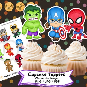 May include: Printable cupcake toppers featuring watercolour illustrations of superheroes, including Hulk, Captain America, and Spiderman. The toppers are designed to be cut out and used for decorating cupcakes.