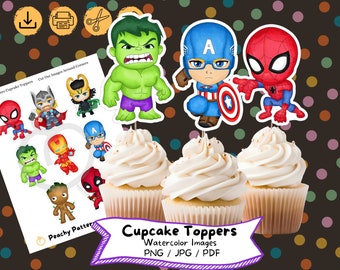 Superhero Watercolor Cupcake Toppers: Birthday Party Decoration (Digital Download)