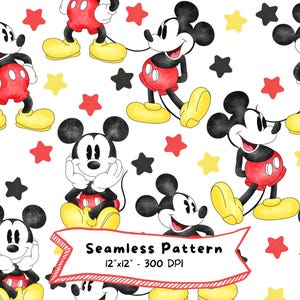 Peut inclure: Motif sans couture avec Mickey Mouse dans différentes poses, vêtu d'un short rouge, de chaussures jaunes et d'oreilles noires. Le motif comprend des étoiles rouges, jaunes et noires sur fond blanc. Le texte "Seamless Pattern" est inclus.
