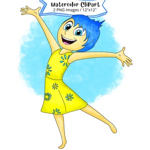 Conjunto de imágenes prediseñadas de acuarela Joy from Inside Out, dibujo animado lindo, PNG, alta resolución, fondo transparente, dibujado a mano, película
