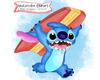 Conjunto de imágenes prediseñadas de Stitch en acuarela: Surf Alien PNG (descarga digital)
