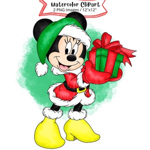 Christmas Minnie Mouse, Watercolor Clipart, Cute Cartoon, PNG, High Resolution, Transparent Background,  Christmas, Holiday, Hand Drawn