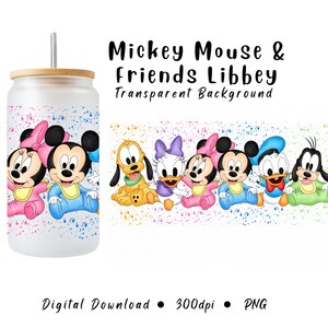 May include: A glass tumbler with a bamboo lid and straw, featuring a colorful design of Mickey Mouse and friends. The design includes Mickey, Minnie, Pluto, Daisy, Donald, and Goofy in baby outfits. The text "Mickey Mouse & Friends Libbey" is also visible.