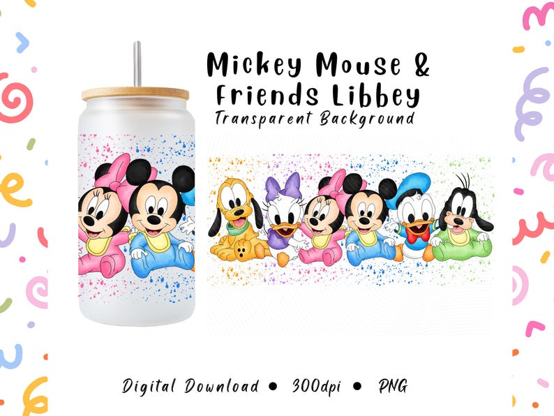 May include: A glass tumbler with a bamboo lid and straw, featuring a colorful design of Mickey Mouse and friends. The design includes Mickey, Minnie, Pluto, Daisy, Donald, and Goofy in baby outfits. The text "Mickey Mouse & Friends Libbey" is also visible.