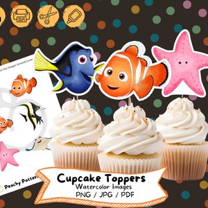 Finding Nemo Watercolor Cupcake Topper, Instant Download, Birthday Party, Cake Topper, Birthday Decoration, Printable, Kids Party, Dory