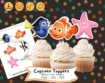 Finding Nemo Cupcake Toppers: Watercolor Birthday Party Decoration (PNG, JPG, PDF)
