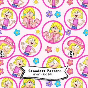 May include: A seamless pattern featuring repeating circular frames containing cartoon illustrations of a blonde character in various outfits, interspersed with small blue, purple, and white flowers on a light pink background with text Seamless Pattern 12"x12" 300 DPI.