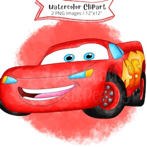 Clipart de acuarela de Lightning McQueen de Cars, dibujo animado, Cars PNG, descarga instantánea, uso comercial, impresión de Cars, dibujo a mano, película Cars