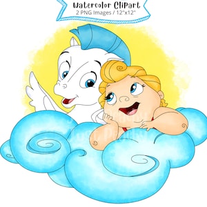 Bebé Hércules acuarela Clipart, linda ilustración de dibujos animados, PNG, fondo transparente, cumpleaños de Hércules, baby shower de Hércules, Pegaso