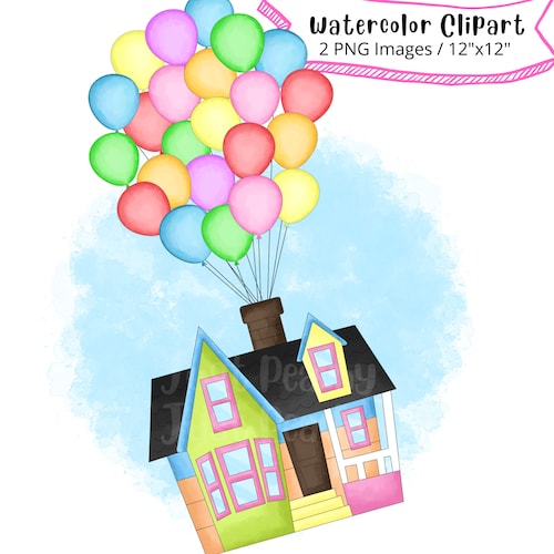 Clipart aquarelle maison ballon UP : PNG dessiné à la main (usage commercial)