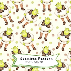 May include: Seamless pattern featuring the animated character Shrek in a repeating design. Shrek is depicted in his signature outfit, with a white shirt, brown vest, and brown boots. The background includes green and brown polka dots.
