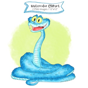 Könnte beinhalten: Aquarell-Illustration einer lächelnden blauen Schlange mit gelben Augen und rotem Mund. Die Schlange ist aufgerollt und vor einem hellgrünen Hintergrund platziert. Der Text oben lautet "Watercolor Clipart" und "2 PNG-Bilder / 30cm x 30cm".