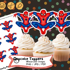 Adorno para cupcakes de acuarela de Spider-Man, descarga digital, fiesta de cumpleaños, adorno para tarta, decoración de cumpleaños, archivo imprimible, fiesta infantil