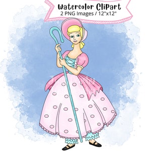 Bo Peep Toy Story Watercolor Clipart, Cute Cartoon Illustration, Buzz Lightyear, Woody, PNG, Dinosaur, Transparent, Hand Drawn, Commercial