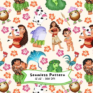 Op de afbeelding: Naadloos patroon met personages en elementen uit een animatiefilm. Het ontwerp bevat illustraties van een jong meisje, een varken, een haan en andere personages, samen met hibiscusbloemen. De tekst "Seamless Pattern 12"x12" - 300 DPI" is ook opgenomen.