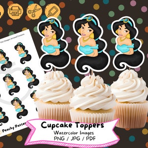 Jasmine Watercolor Cupcake Topper, Digital, Birthday Party, Cake Topper, Birthday Decoration, Printable File, Kids Party, Aladdin