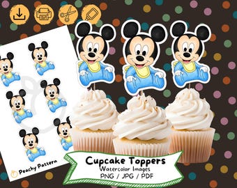 Topolino per cupcake: decorazione per feste di compleanno in stile acquerello (download digitale)