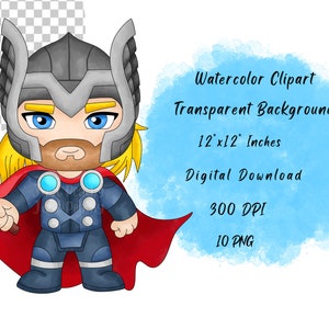 May include: A cartoon illustration of Thor, a superhero from Marvel Comics, wearing a red cape and holding a hammer. The image is a digital download, 12 inches by 12 inches, 300 DPI, and comes in 10 PNG files.