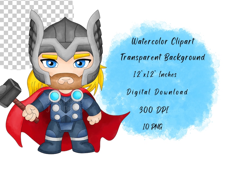 May include: A cartoon illustration of Thor, a superhero from Marvel Comics, wearing a red cape and holding a hammer. The image is a digital download, 12 inches by 12 inches, 300 DPI, and comes in 10 PNG files.