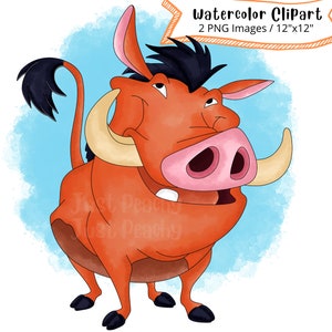 Pumba del Rey León dibujado a mano acuarela Clipart Set, PNG, alta resolución, fondo transparente, dibujos animados lindos, animales de Safari, Timón