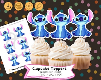 Adornos para cupcakes de acuarela de Stitch: Decoración para fiesta de cumpleaños (descarga digital)