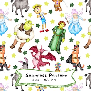 Op de afbeelding: Naadloos patroon met aquarel illustraties van personages uit de film Shrek, waaronder Shrek, Fiona, Ezel, Gelaarsde Kat en een draak. Het ontwerp bevat sterren en de tekst "Seamless Pattern 12"x12" - 300 DPI".