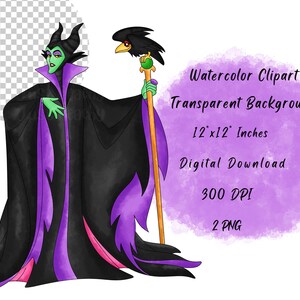 May include: Watercolor clipart of Maleficent from Sleeping Beauty, a Disney movie. She is wearing a black and purple gown and holding a staff with a black bird on top. The background is a purple watercolor wash with text that says "Watercolor Clipart, Transparent Background, 12"x12" Inches, Digital Download, 300 DPI, 2 PNG".