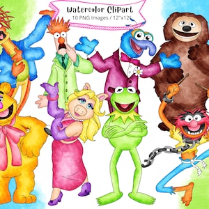 May include: A digital watercolour illustration featuring seven Muppet characters including Kermit the Frog, Miss Piggy, Fozzie Bear, Gonzo, Animal, Beaker, and Dr. Bunsen Honeydew. The text at the top reads Watercolor Clipart 10 PNG Images / 12"x12".