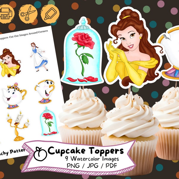 Beauty and the Beast Watercolor Cupcake Topper, Digital, Birthday Party, Cake Topper, Birthday Decoration, Printable File, Kids Party