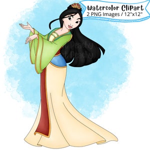 Princesa Mulan acuarela clipart, dibujado a mano, dibujos animados lindo, PNG, transparente, 300 DPI, alta resolución, alta resolución, imprimible