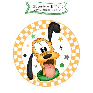 Op de afbeelding: Waterverf clipart met een cartoonhond met een lange tong, met een groene kraag, tegen een geel en wit geblokte achtergrond. De afbeelding bevat sterren en de tekst "Watercolor Clipart 2 PNG Images / 30cm x 30cm".
