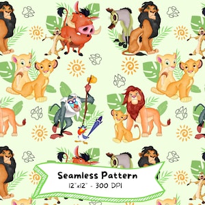 Patrón sin costuras del Rey León, Descarga digital, Dibujos animados lindos, Alta resolución, Acuarela, Simba, Nala, Timón, Pumba, Diseño de animales Safari