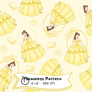 Patrón sin costuras de acuarela de la Princesa Bella, descarga digital, La Bella y la Bestia, caricatura linda, fantasía, alta resolución, descarga instantánea