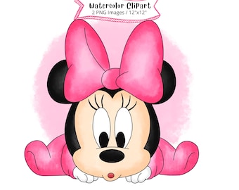 Baby Minnie Maus Aquarell Clipart: Cartoon Illustration (PNG Digital Download)