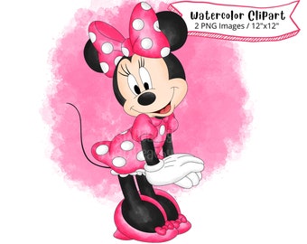 Minnie Mouse, Hand Drawn Watercolor Clipart, Cute Cartoon Illustration, PNG, Minnie Mouse PNG, Transparent Background , Mikey Mouse