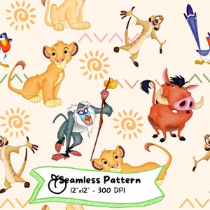 Patrón sin costuras del Rey León, descarga digital, dibujo animado, alta resolución, acuarela, Simba, Nale, Timón, Pumba, diseño de animales de safari