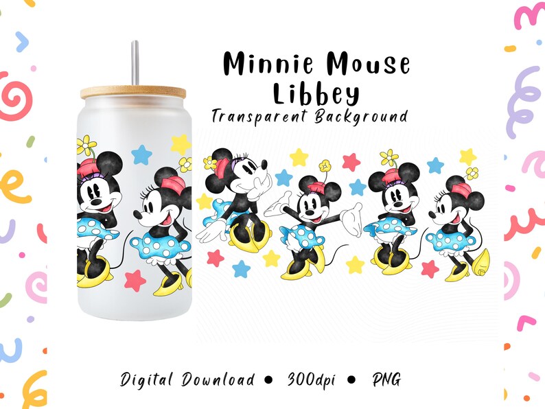 Pu&ograve; includere: Un bicchiere in vetro smerigliato in stile Libbey con coperchio e cannuccia in bamb&ugrave;, con un design di Minnie Mouse. Il design include pi&ugrave; illustrazioni di Minnie Mouse in un vestito a pois blu, circondate da stelle e fiori colorati. Il testo recita "Minnie Mouse Libbey Transparent Background".