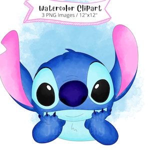 Conjunto de clipart em aquarela Stitch, desenho fofo, PNG, alienígena, fundo transparente, alta resolução, Lilo e Stitch, desenhado à mão