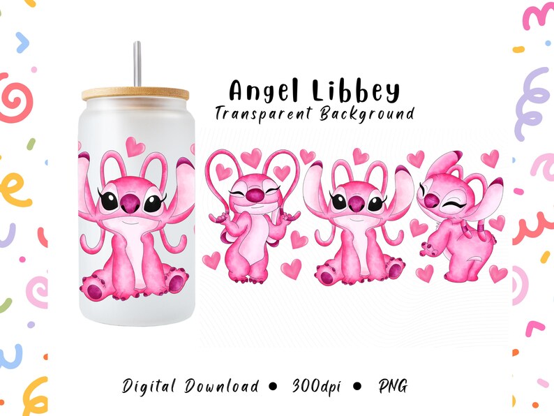 K&ouml;nnte beinhalten: Ein Glasbecher mit Bambusdeckel und einem rosa Angel-Charakter-Design. Das Design zeigt den Charakter in verschiedenen Posen mit Herzen. Der Text "Angel Libbey Transparent Background" ist ebenfalls sichtbar.