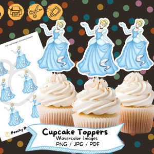 Cendrillon aquarelle pour cupcakes, numérique, fête d&#39;anniversaire, gâteau, décoration d&#39;anniversaire, fichier imprimable, fête d&#39;enfants