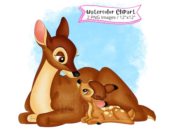 Watercolor Bambi Clipart Set, Deer and Mother, Cartoon