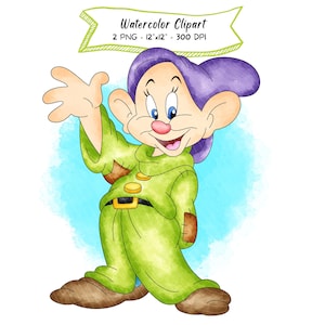 Op de afbeelding: Een aquarelillustratie van een stripfiguur met grote oren, een paarse hoed en een groene tuniek met bruine lappen. Boven het figuur staat een banner met de tekst Watercolor Clipart 2 PNG - 12"x12" - 300 DPI. Het figuur zwaait met een hand.