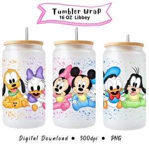 May include: Three 16 oz Libbey tumblers with bamboo lids and straws. Each tumbler features a different Disney character design: Pluto and Daisy Duck, Minnie and Mickey Mouse, and Donald and Goofy. The tumblers have a colorful splatter design.