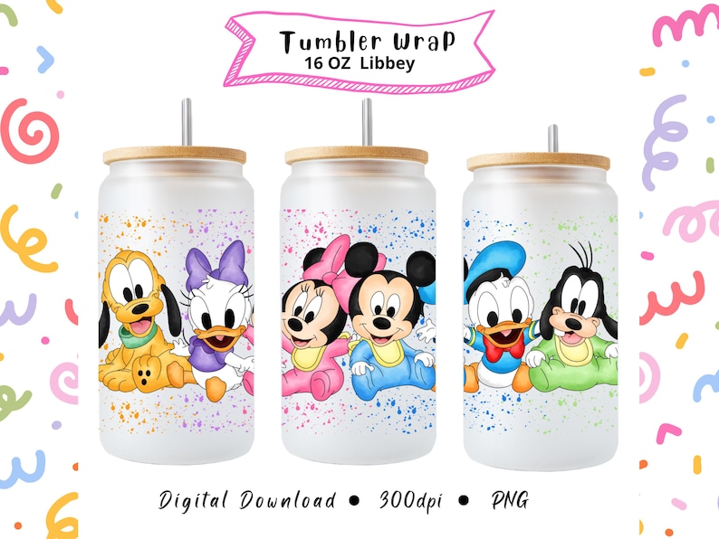 May include: Three 16 oz Libbey tumblers with bamboo lids and straws. Each tumbler features a different Disney character design: Pluto and Daisy Duck, Minnie and Mickey Mouse, and Donald and Goofy. The tumblers have a colorful splatter design.